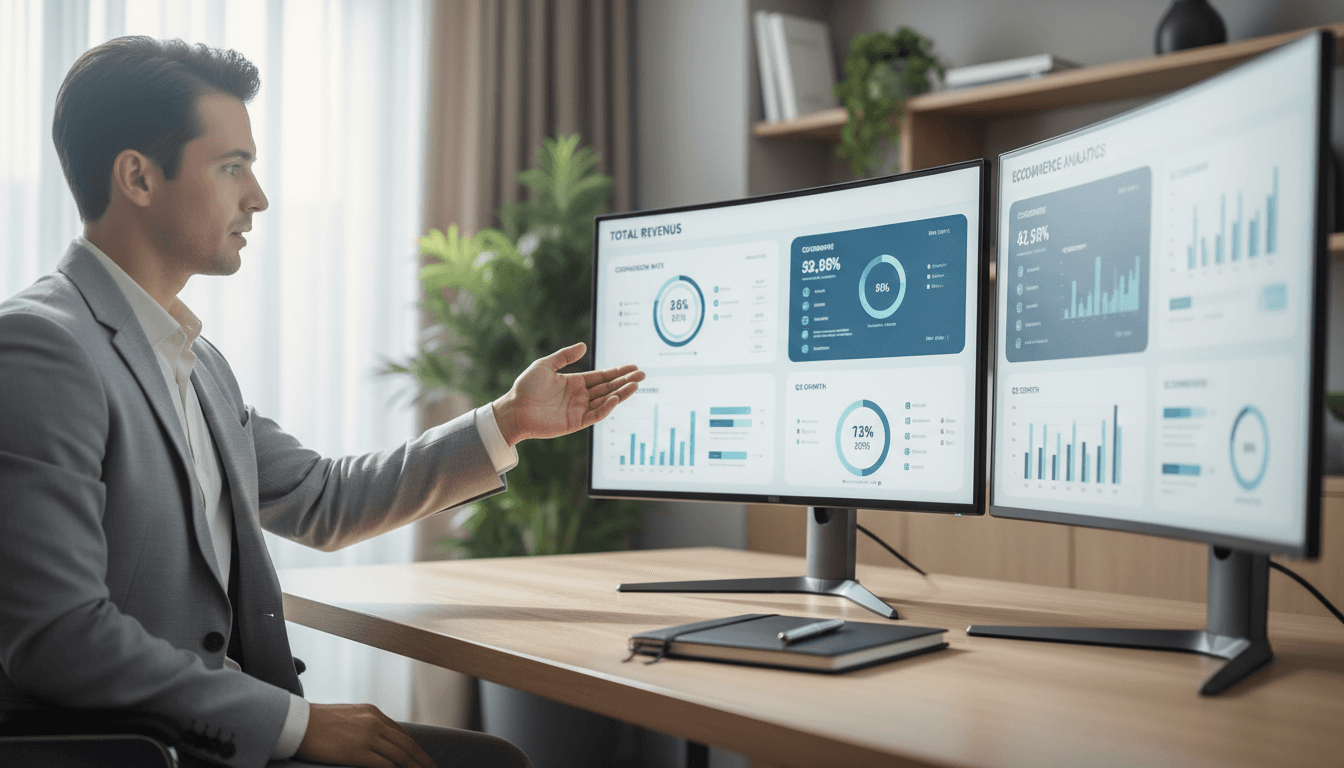 Ecommerce consultant reviewing analytics and growth strategy on multiple monitors