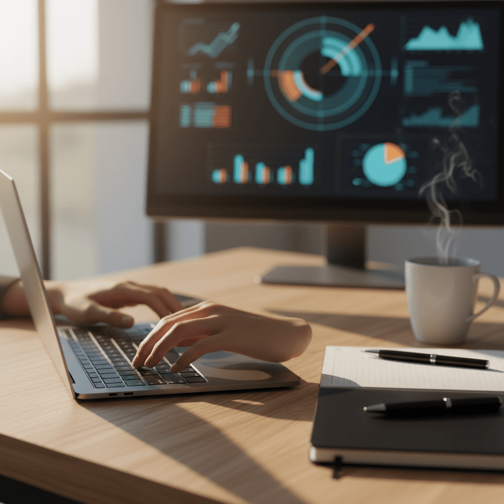 Professional reviewing ecommerce analytics and growth strategy on laptop