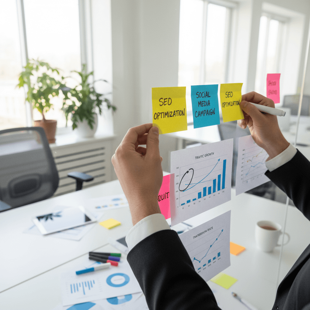 Growth strategy planning board with metrics and goals